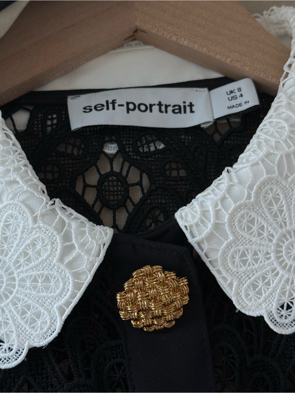 Self-Portrait Black Lace Midi Dress with White Peter Pan Collar and Gold Buttons - Picture 3 of 3